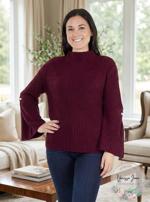 Ny Collection Womens Bell Sleeve Mock Neck Sweater, Size Small