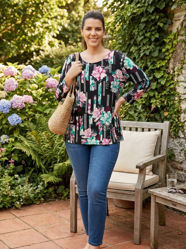 JM Collection Printed Pleated-Back Blouse, Size Large