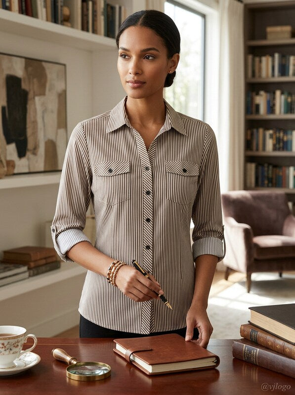 NY Collection Womens Petites Striped Utility Button-Down Top, Size PL