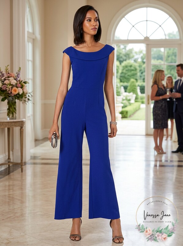 Connected Apparel Womens Blue Short Sleeve Off Shoulder Jumpsuit, Size 12