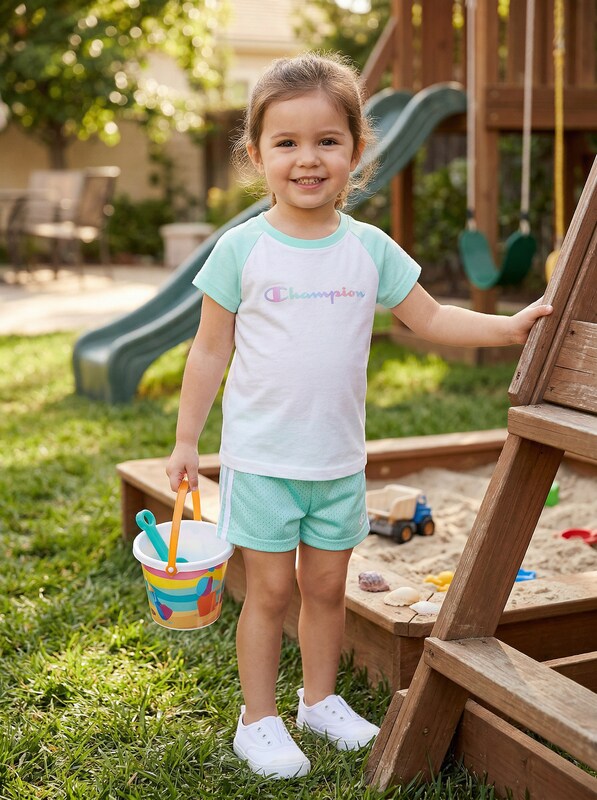 Champion Girls 2PC Mint Green Raglan Shirt Mesh Shorts Set Outfit, 3T