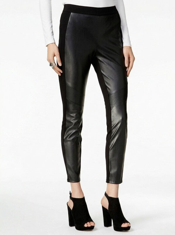 Bar III Womens Faux Leather Mixed Media Ankle Pants, Size X-Small