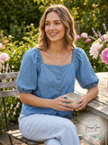 Lucy Paris Womens Denim Off-the-Shoulder Button-Down Top, Blue, Size Small