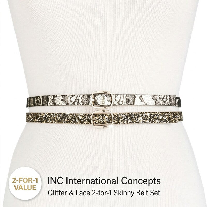 INC International Concepts Glitter & Lace 2-for-1 Skinny Belts