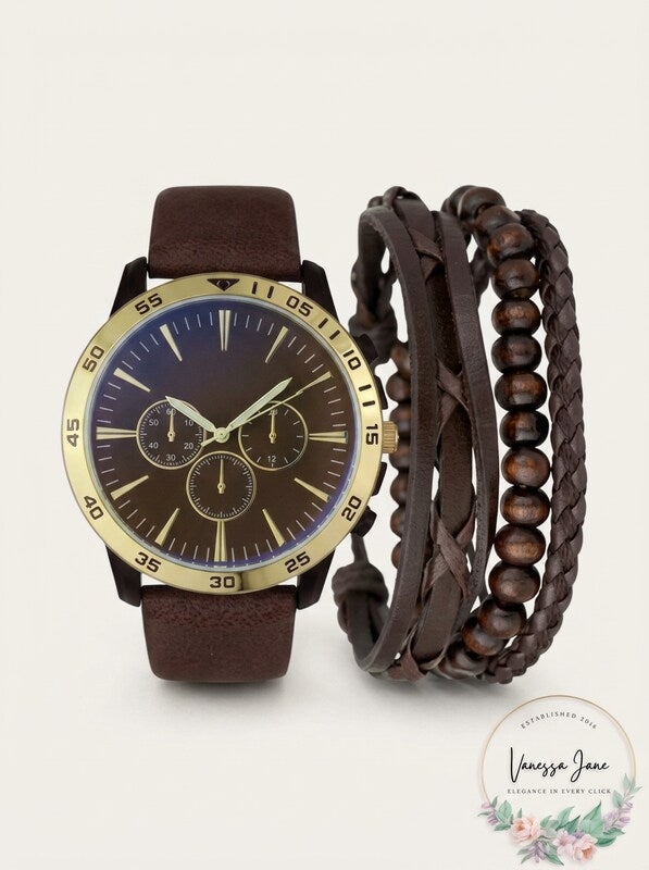 INC Brown Faux-Leather Strap Watch 48mm & 3-Pc. Bracelet Set