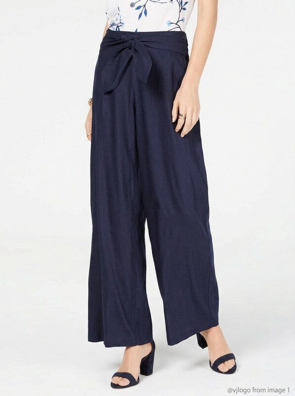 I.n.c. Wide-Leg Paper Bag Tie Waist Pants, Navy, Size 2