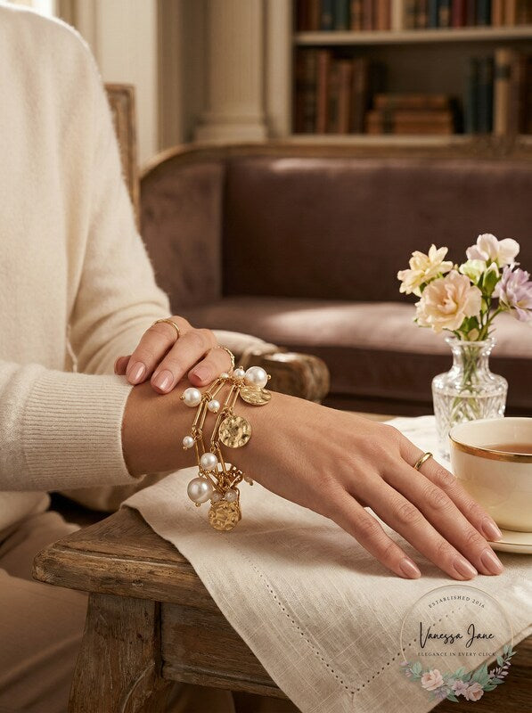 Inc Gold-Tone Imitation Pearl and Hammered Disc Shaky Charm Bracelet