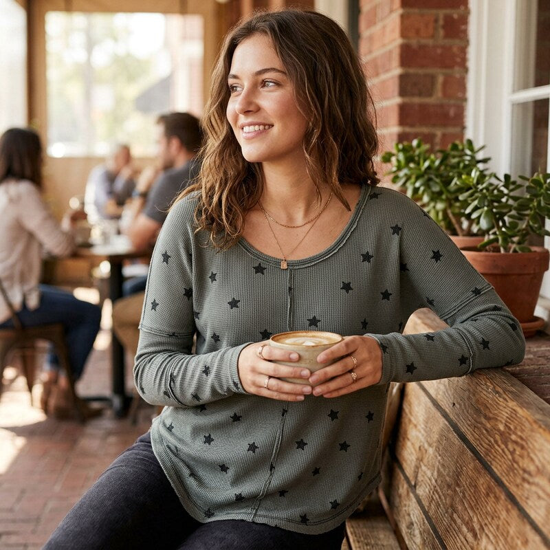 Lucky Brand Womens Slub Casual Long Sleeve Scoop Neck Top, Size XS