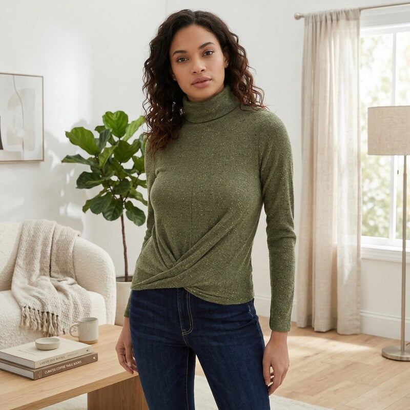 Crave Fame Junior Womens Cozy Twist Front Turtleneck Sweater, Small