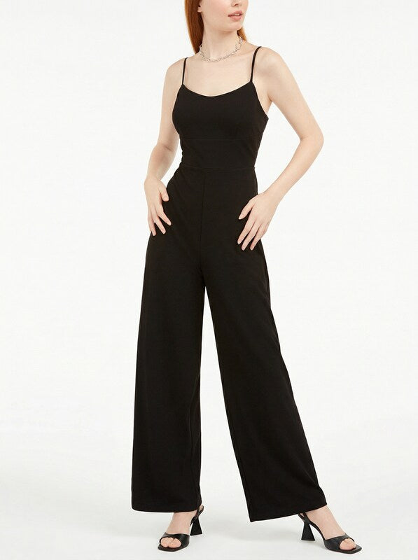 Teeze Me Womens Black Spaghetti Strap Scoop Neck Jumpsuit, Size 3/4