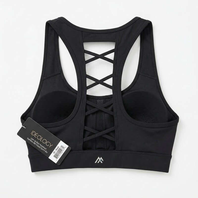 Ideology Lace-Up Back Racerback Seamless Mid-Impact Sports Bra Xs/Black