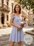 City Studios Juniors Cold-Shoulder Fit & Flare Dress, Blue/White, Size 11