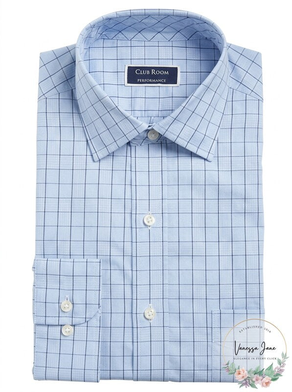 Club Room Mens Classic Fit Windowpane Dress Shirt, Blue 17 1/2