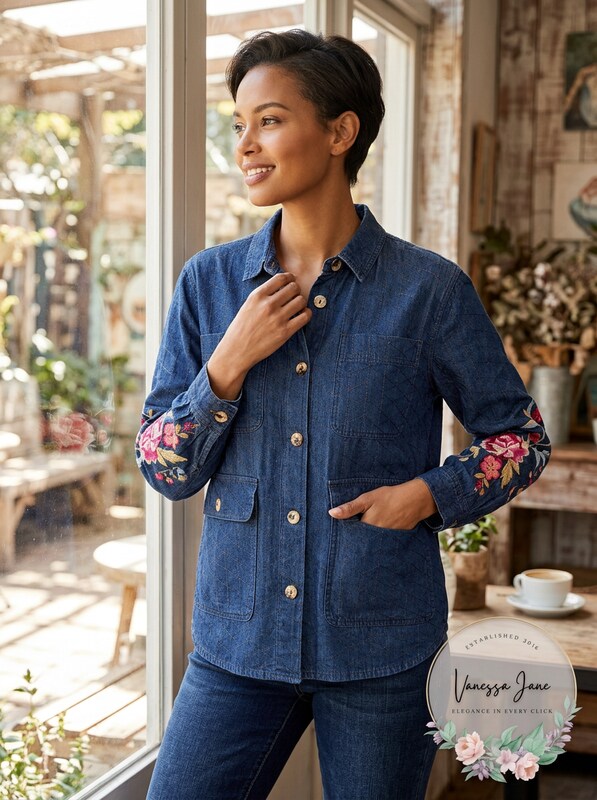 Johnny Was Sonya Cotton Embroidered Denim Shirt, Size XS