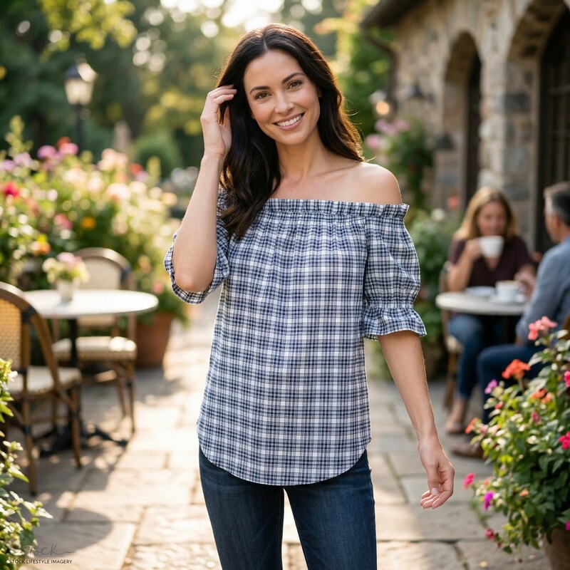 MICHAEL Michael Kors Chambray Womens Plaid Off the Shoulder Blouse, Size Medium