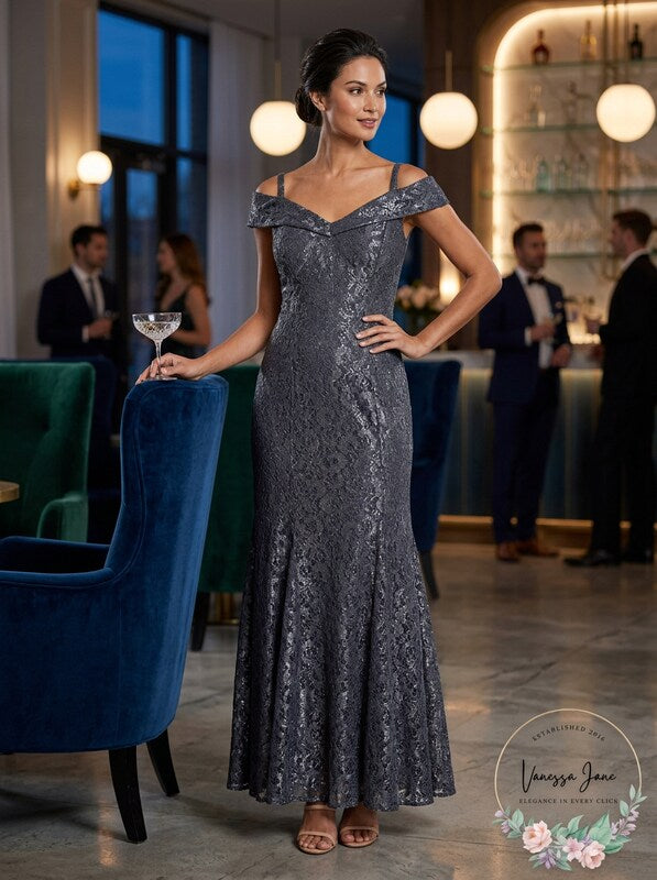R & M Richards Off-the-Shoulder Lace Gown, 8