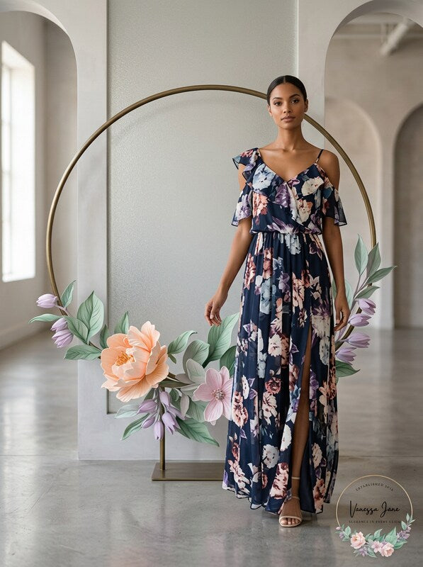 Aqua Women Blue Purple Floral Ruffle V-Neck Cold-Shoulder Maxi Dress Size 2