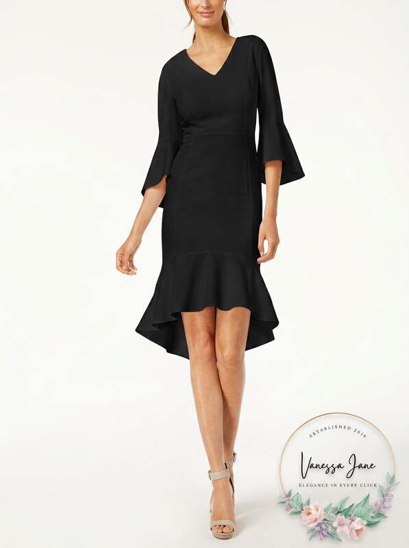 CALVIN KLEIN Womens Black Bell Cuff 3/4 Sleeve V Neck Dress Size: 4