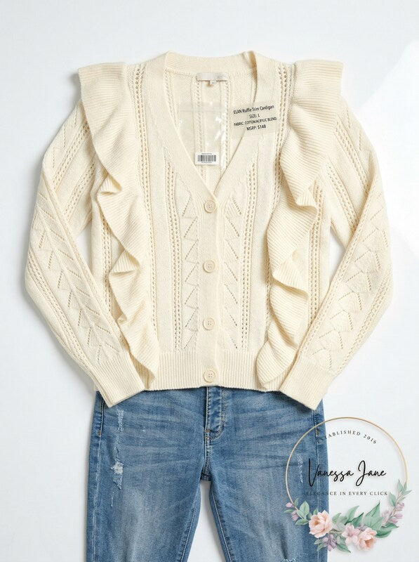 Elan Ruffle Trim Cardigan, Size Large