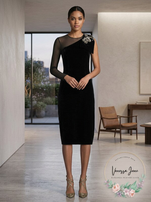 Sachin & Babi Noir Bali One-Shoulder Velvet Dress w/ Brooch, Size 8