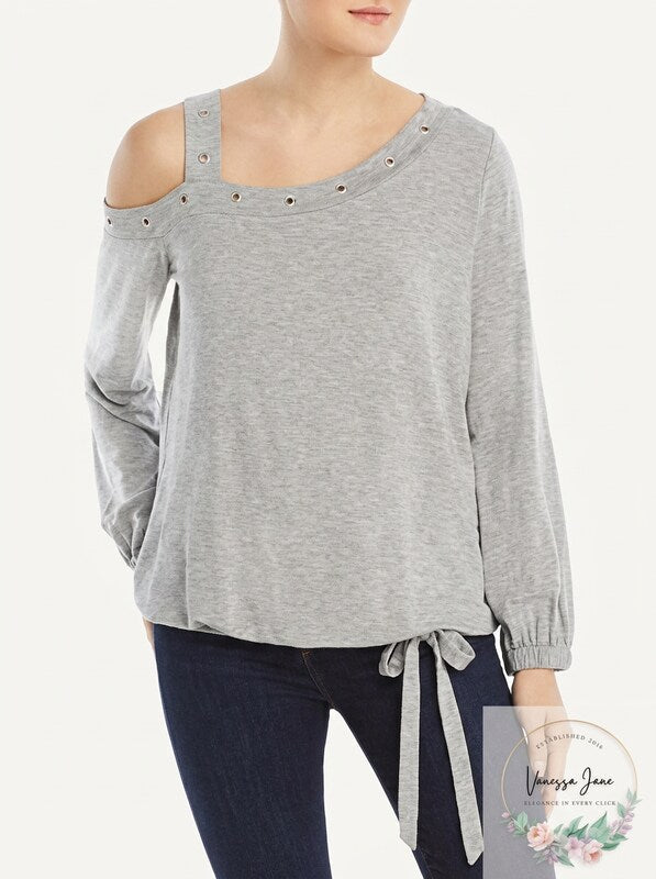 Single Thread Womens Grommet Cold Shoulder Pullover Top Gray, Small