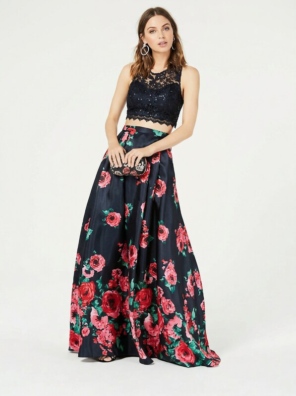 Sequin Hearts Juniors 2-Pc. Sequined Lace and Floral Gowns,Size 9