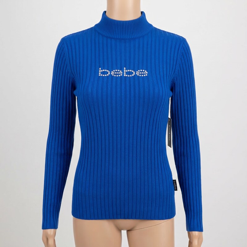 Bebe Rhinestone Mock Neck Ribbed Knit Sweater, Blue Size Large
