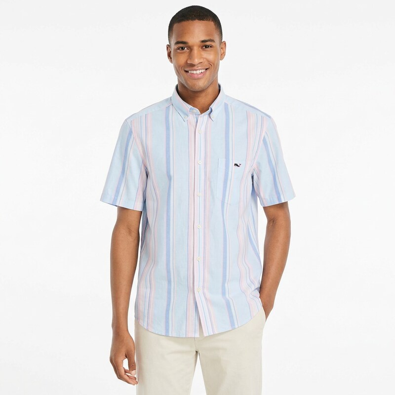 Vineyard Vines Mens Stretch Cotton Short-Sleeve Awning Stripe Shirt, Size Large