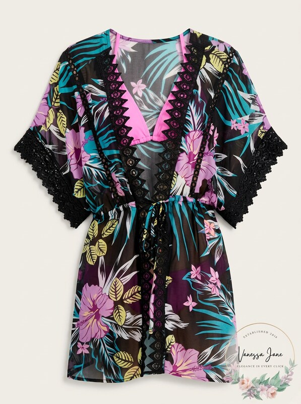Miken Womens Black Floral Lace-Inset Tie-Front Kimono Swimsuit Cover-Up, XL