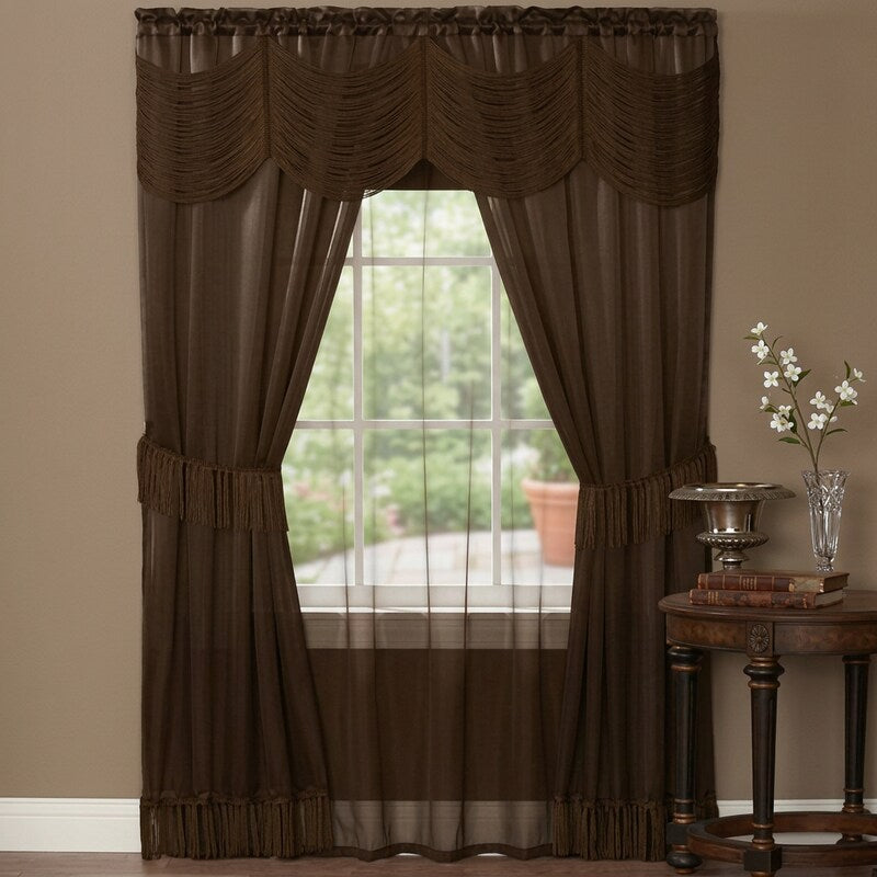 Achim Halley Satin 6-Piece Window Set With Austrian Valance, Chocolate, 56x84