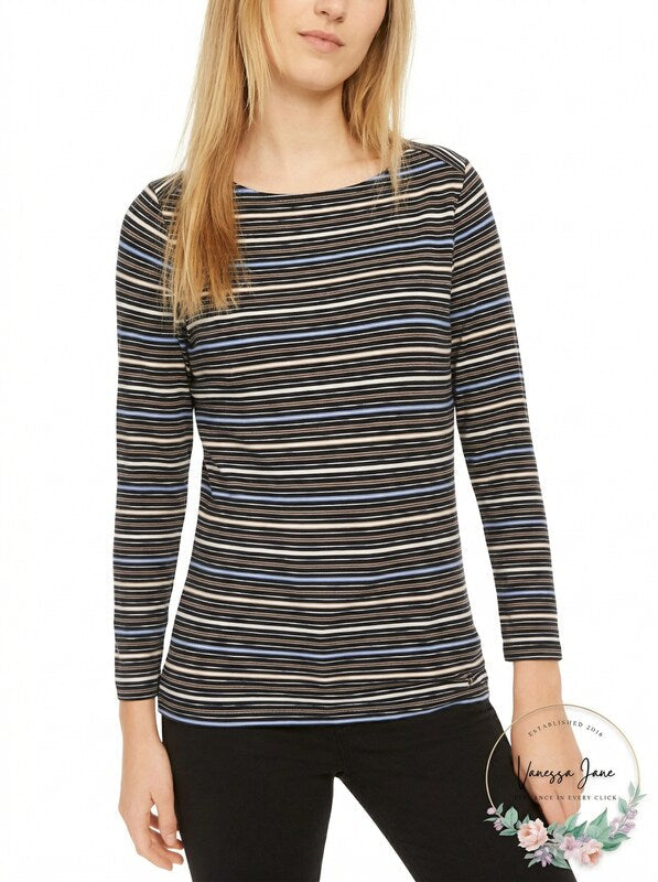 Anne Klein Womens Striped Boatneck T-Shirt, Size Large