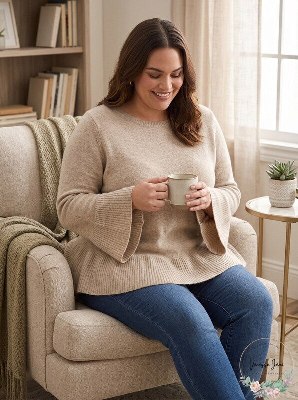 Style & Co Womens Plus Ribbed Trim Ruffled Pullover Sweater