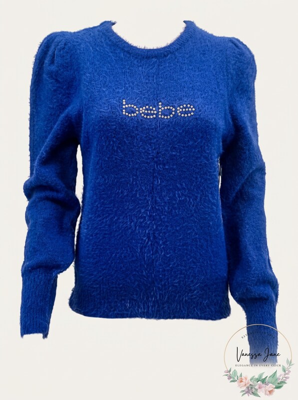 Bebe Womens Rhinestone Logo Blue Crew Neck Sweater, Size Medium