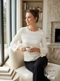 Avec Women's Pointelle Bell Sleeve Top, White, Size Large