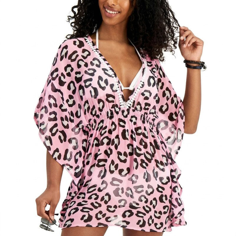 Miken Juniors Leopard-Print Smocked-Waist Cover-Up, Size Small