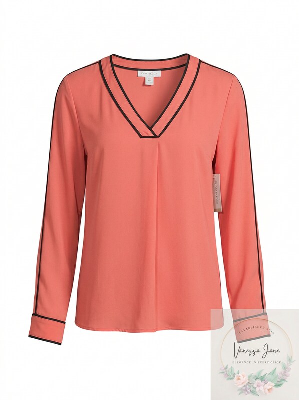 Charter Club Petite Contrasting-Trim V-Neck Top, Size PP