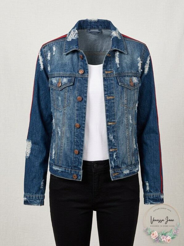 Almost Famous Juniors Varsity-Stripe Ripped Denim Jacket,XL