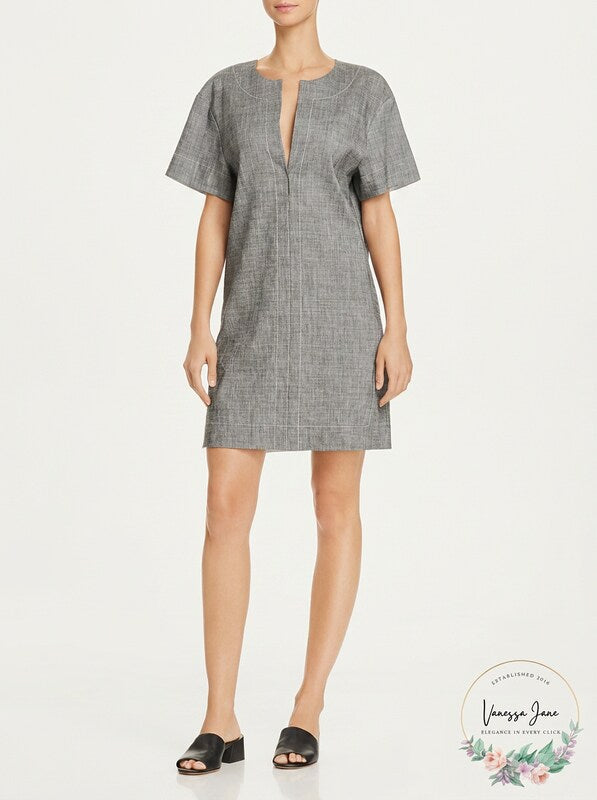 Theory Sharkskin Short-Sleeve Shift Dress, Gray, Size Medium