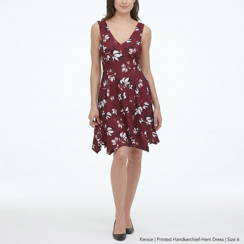 Kensie Printed Handkerchief-Hem Fit & Flare Dress, Size 6