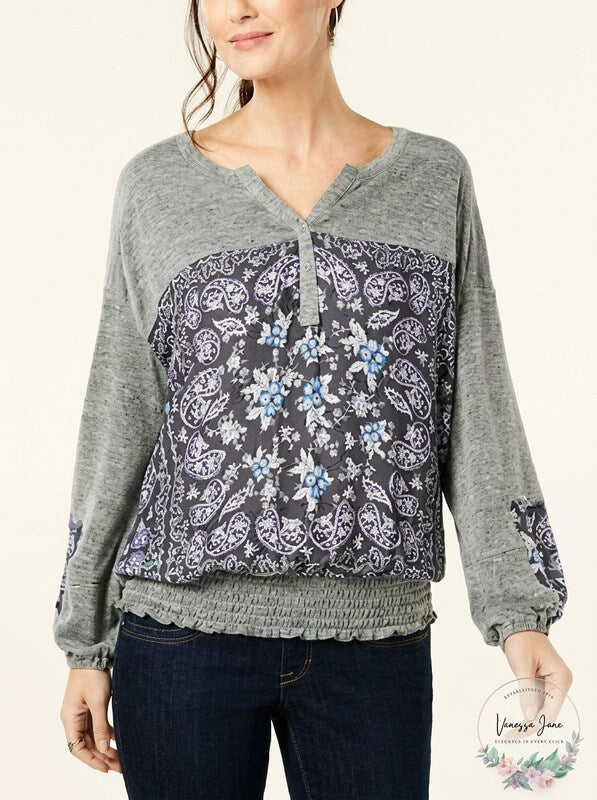 Style and Co. Womens Floral Print Smocked Henley Top,Size Medium