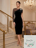 Sachin & Babi Noir Bali One-Shoulder Velvet Dress w/ Brooch, Size 8