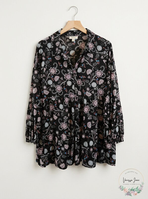 Style & Co Button-Down Printed Peplum Top, Size Large