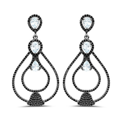 8.81 Carat Genuine Blue Topaz and Black Spinel .925 Sterling Silver Earrings