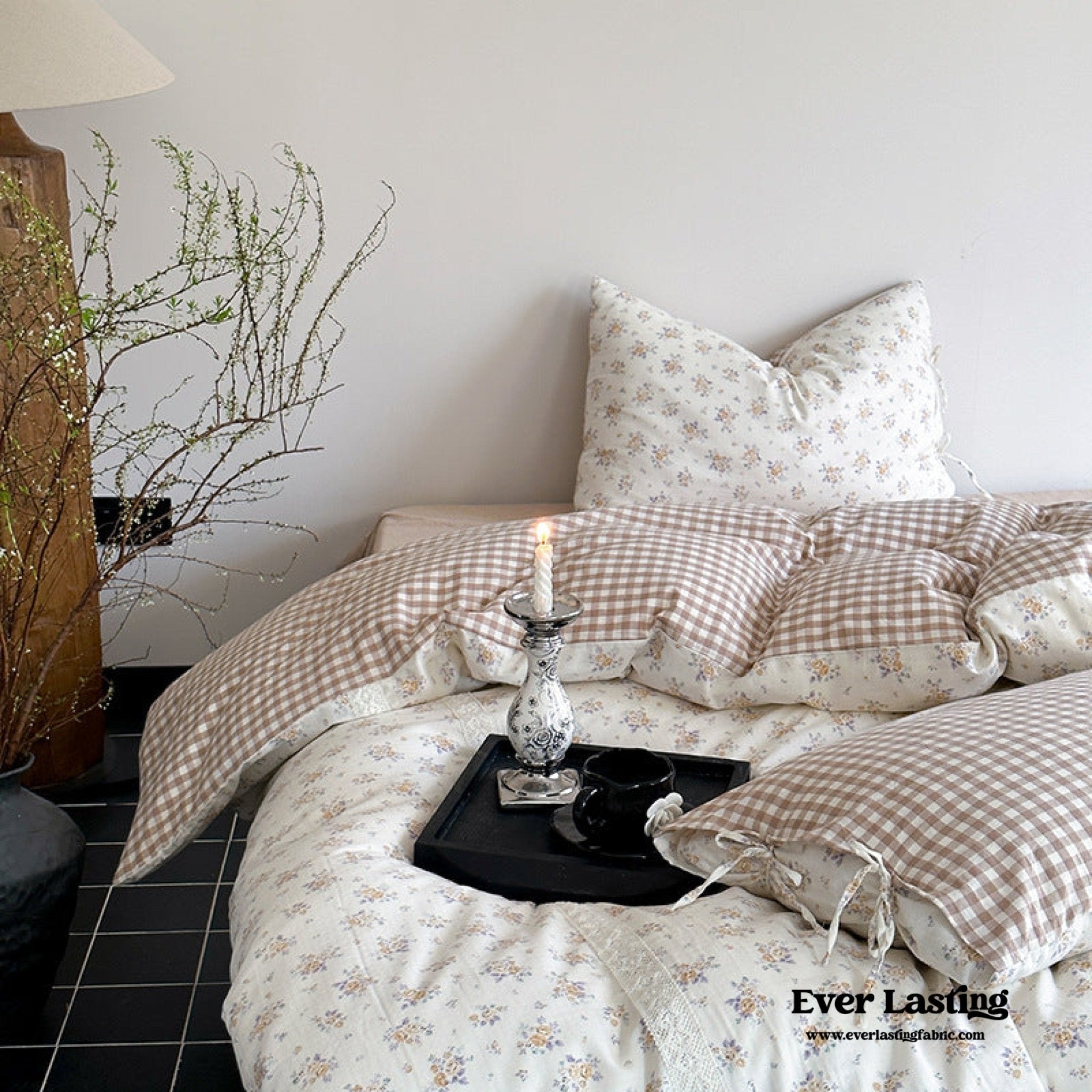 Rosalie Floral Lace Gingham Bedding Set / Pink