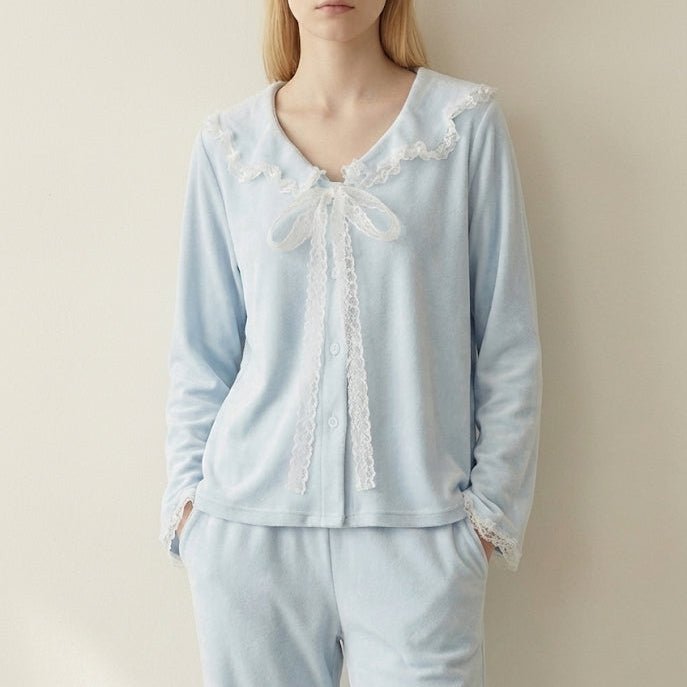 Rosy Velvet Coquette Lace Pajama Set / Blue