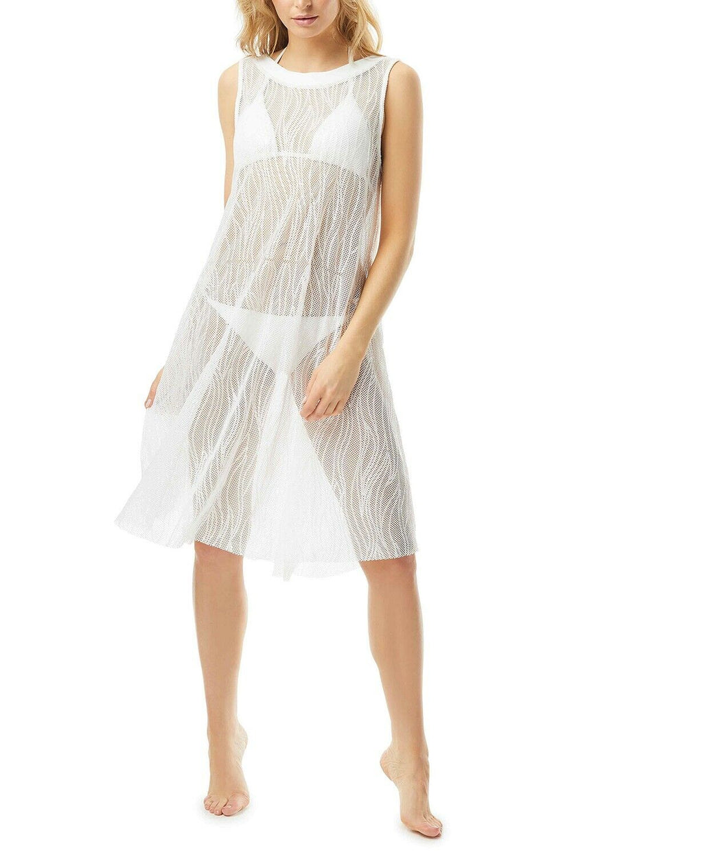 Carmen Marc Valvo White Sequin High-Neck Swim Dress Cover-Up, Size XL
