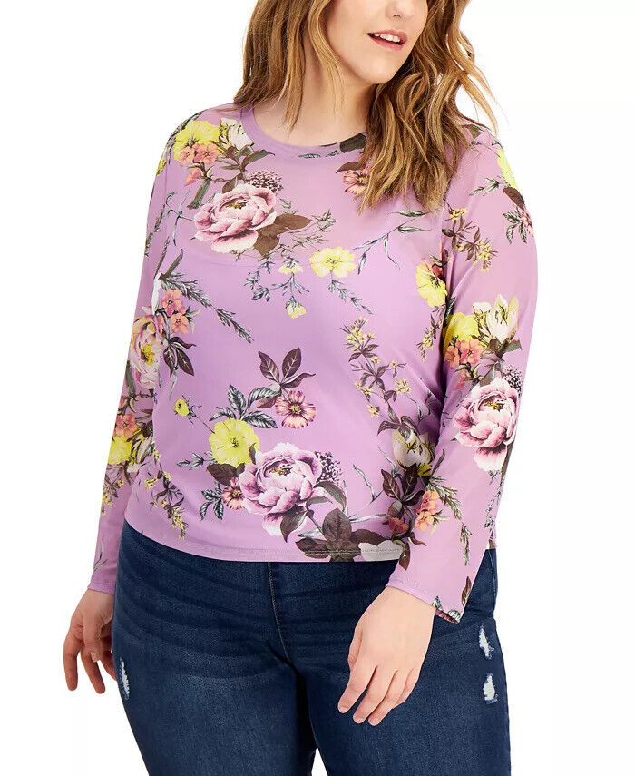 Love Fire Trendy Plus Size Long-Sleeved Printed Mesh Top
