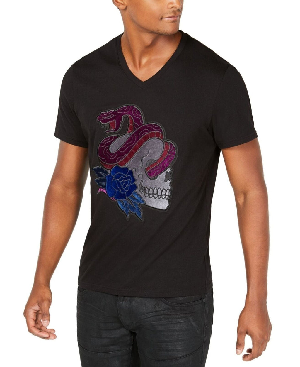INC Mens V-Neck Snake and Skull Graphic Tee T-Shirt, Size Small