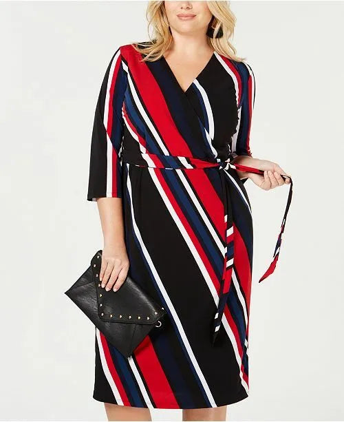 I.n.c. Women's Plus Size Striped Faux-Wrap Dress