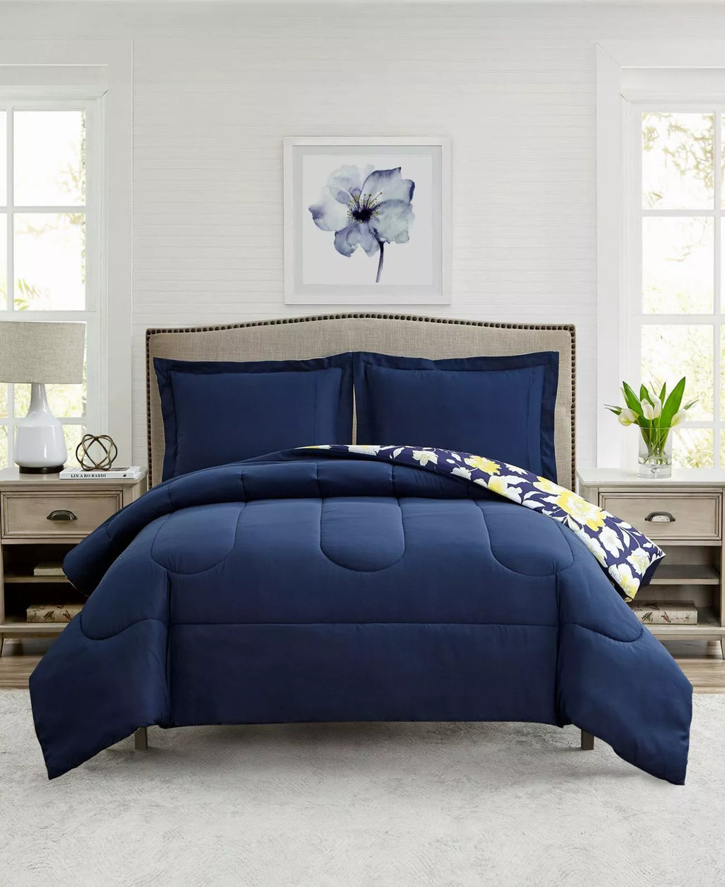 Mytex Aster Floral 2-PC. Reversible Twin Comforter Set, Navy/Yellow